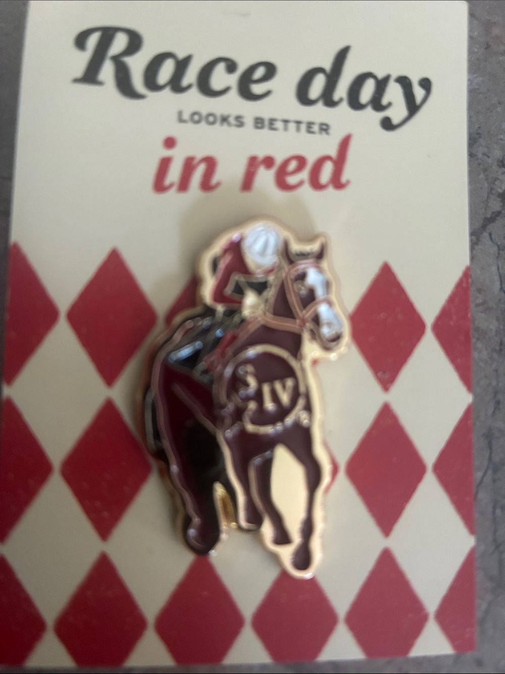 Red Enamel Horse Brooch with Gold Trim